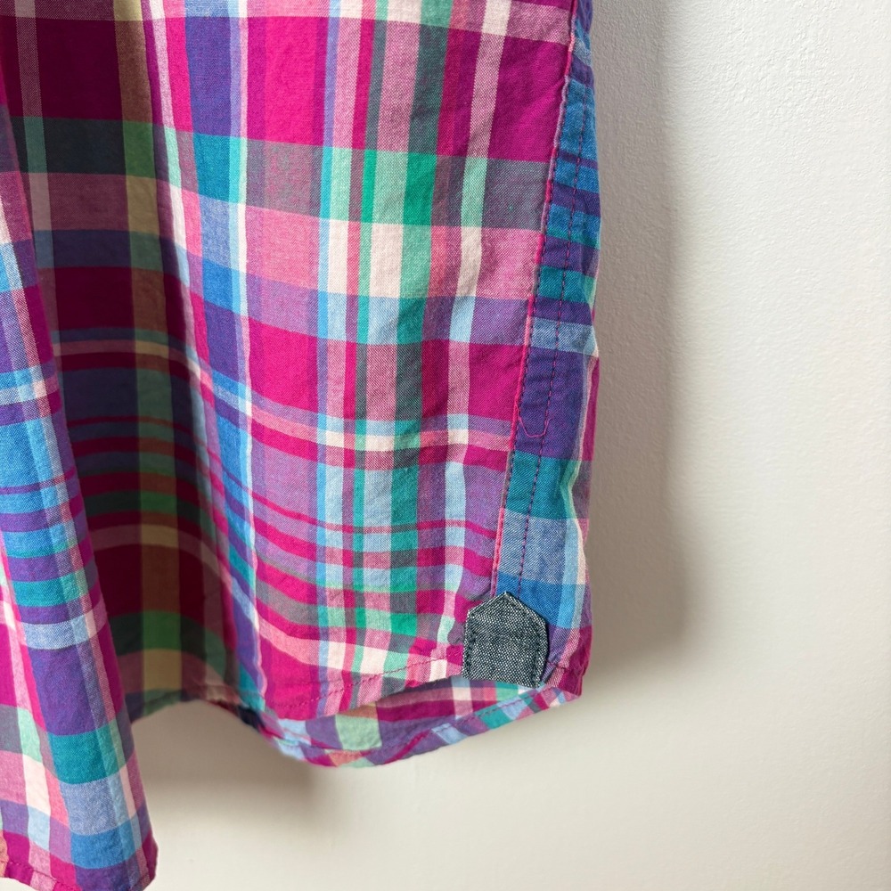 Lands End Mens Traditional Fit Plaid Madras Button Down Short Sleeve Shirt Large - Picture 4 of 12